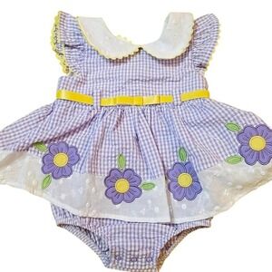 Blueberi Boulevard Baby Girls Purple Gingham Floral Romper Peter Pan Collar 6M